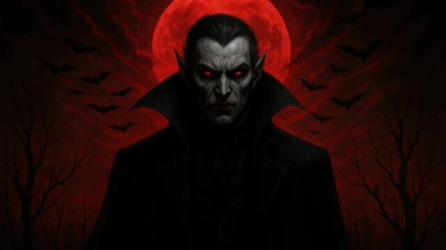 Dramatic low-angle shot of a vampire with glowing red eyes, set against a blood-red moon and bats, creating a haunting video game aesthetic. Live desktop wallpaper.