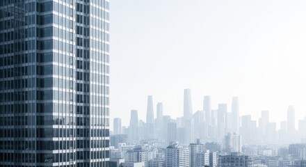 Obraz premium Modern Skyscraper Office Building with City Skyline in Background