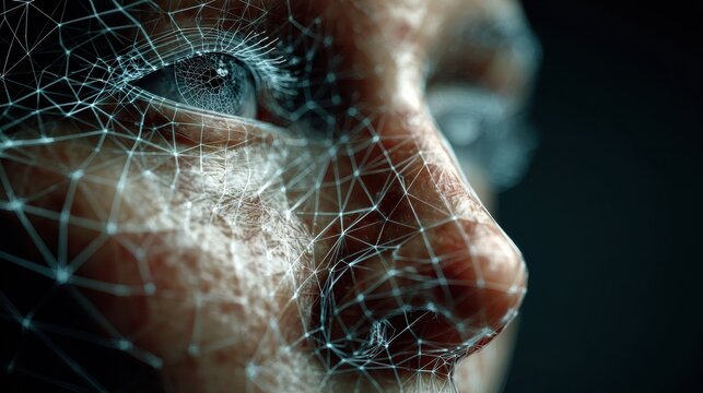 a digital rendering of a human face with a geometric wireframe overlay symbolizing the fusion of technology and humanity in a glowing and futuristic style