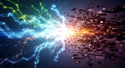 Abstract digital network connections meet a shattering explosion of data fragments on a dark background, symbolizing technological disruption.