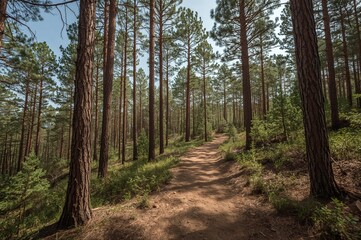 Fototapeta premium Coniferous woodland adjacent to the nature pathway. Vacation spot.
