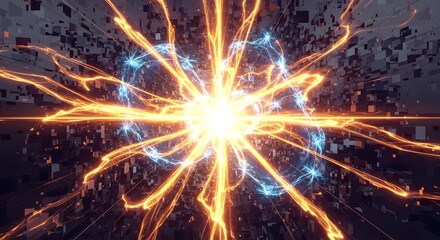 Fototapeta premium Energetic light explosion with vibrant rays and abstract digital background
