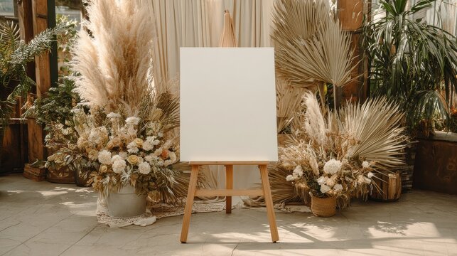 a clean and elegant blank white welcome sign on an easel set against a stylish modern boho wedding backdrop