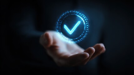 futuristic digital badge with glowing checkmark concept of approval and certification hand presenting a luminescent blue icon