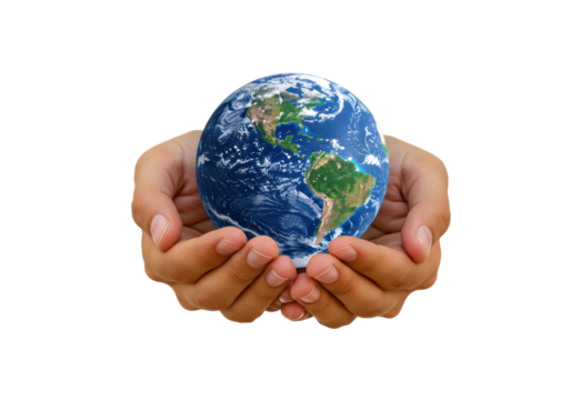 Isolated human hands holding Earth planet, world in palm, environment and care concept