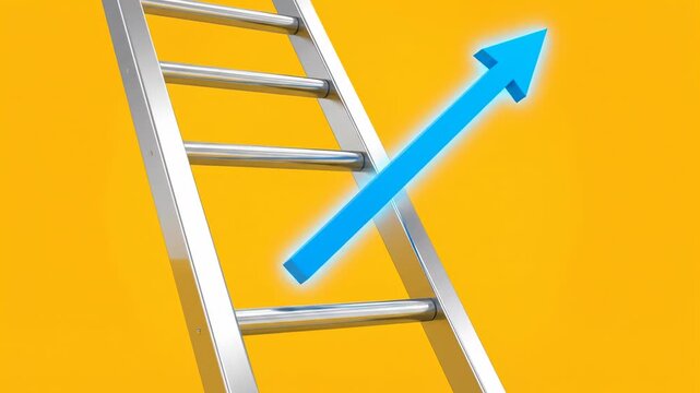 Ladder to Success: Growth and Achievement - A silver ladder leans against a vibrant yellow background, intersected by a bright blue upward-trending arrow, symbolizing growth and the achievement of
