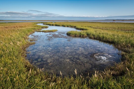 Wide view of tidal pool waters featuring salt marsh cordgrass