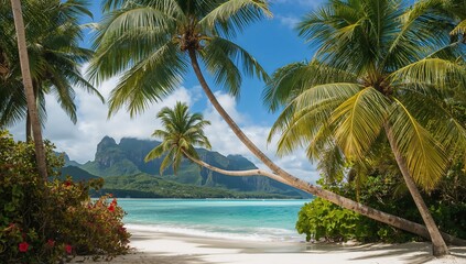 Obraz premium Tropical palm trees lining a sandy shoreline in a remote island paradise