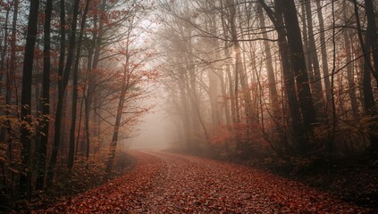 Obraz premium Trail through a misty autumn woodland with sunlight filtering through trees and a carpet of orange leaves on the ground