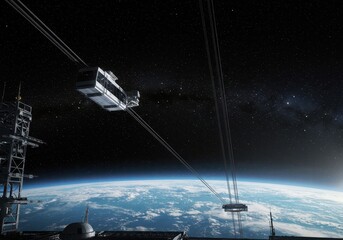 A futuristic space elevator transports a vehicle through the night sky above a celestial sphere.
