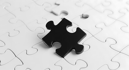 Fototapeta premium A single black jigsaw piece rests on a field of white, incomplete puzzle pieces, suggesting a missing element or solution