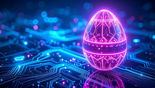 An illuminated, decorative egg with circuit-like patterns glows amidst a futuristic blue and pink tech landscape
