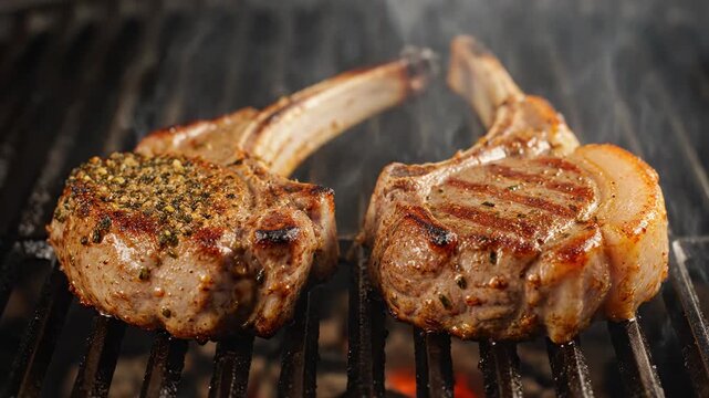 Sizzling Herb Crusted Lamb Chops on Grill - Close-up view of two succulent lamb chops, seasoned with an herb crust, sizzling on a hot grill.
