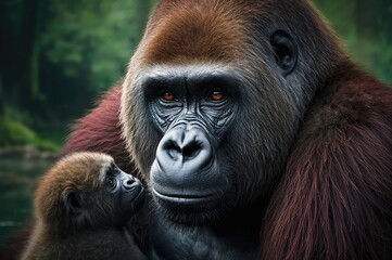 Close-up shot of a mother gorilla and her baby in their natural habitat
