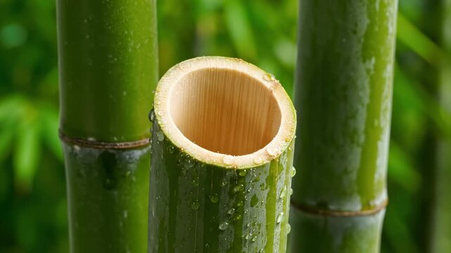 Close-up of Dewy Green Bamboo Stalks - A detailed close-up showcases several green bamboo stalks, their hollow interiors and textured surfaces glistening with morning dew.