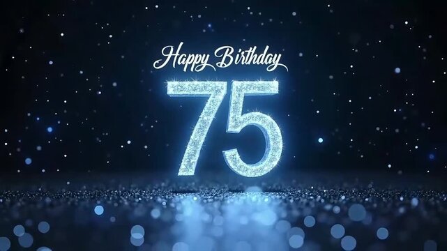 Elegant 75th birthday celebration with glowing golden 75, cursive Happy Birthday text, and sparkling particles on dark background
