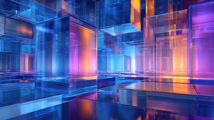 abstract background with glass cubes and blue purple and orange lights in the style of futuristic architecture
