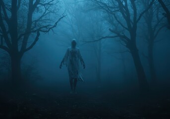 A spectral figure shrouded in a white robe,  wanders through a dark, misty forest at night.