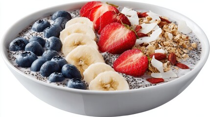 a smoothie bowl with bananas blueberries strawberries granola almonds and chia seeds in a white bowl on transparent background