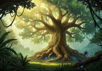 A majestic ancient tree stands sentinel in a vibrant, sunlit, enchanted forest.