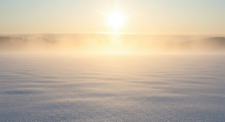 A serene winter sunrise paints a blanket of snow with golden hues, showcasing a tranquil landscape veiled in morning mist.