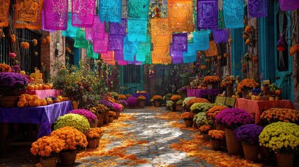 vibrant dia de los muertos celebration with papel picado banners altars and marigold decorations