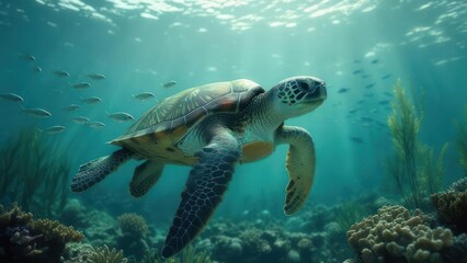Sea turtle swimming amidst coral reef