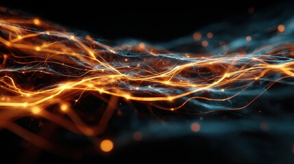 bright strands of electric energy weave through a dark background creating an abstract visual of digital connections and dynamic movement the glowing lines pulse with vibrant intensity