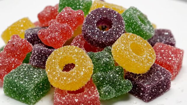 Colorful Sugar Coated Jelly Candies - A close-up shot of a pile of assorted colorful jelly candies, featuring gummy bears and ring shapes, all coated in a layer of sparkling sugar.