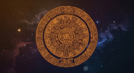 An ancient astronomical calendar, depicted against a backdrop of starry nebulae, evokes a sense of cosmic mystery.
