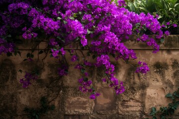Vibrant Purple Bougainvillea Climbing Along a Fence