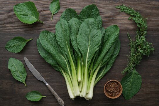 Fresh Brassica rapa subsp. leaves on wooden surface, highlighting natural health and garden vegetables