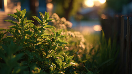 Lush green herbs growing near a wooden fence under warm golden sunlight with blurred background of suburban homes creating a serene garden atmosphere.