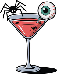 Halloween spooky cocktail, creepy martini glass, scary eyeball drink, spider decoration beverage, festive holiday refreshment, horror party illustration, gothic celebration artwork