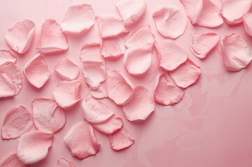 Obraz premium Soft pink rose petals artfully placed on a light pastel backdrop, ideal for romantic occasions and love-themed cards.