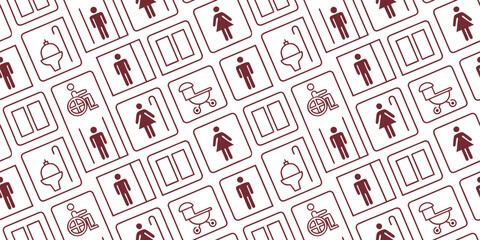 Seamless restroom icon pattern with male, female, wheelchair, baby stroller and unisex toilet symbols, clean outline style background for signage, interior, and graphic design