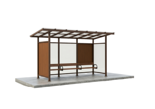 Isolated bus stop waiting place with transparent roof, seat and wall protection against rain