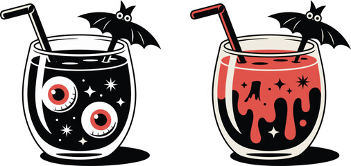 Halloween spooky drinks, creepy cocktail glasses, eyeball beverage, bloody drink illustration, bat decoration, scary party refreshment, gothic holiday design, horror celebration artwork