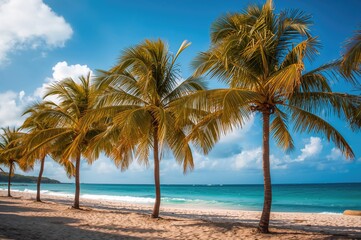 Obraz premium Coastal scene with palm trees, ocean waves, and clear blue sky during summer getaway