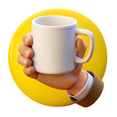 Hand holding white ceramic coffee mug against a bright yellow circle for morning beverage concept isolated on transparent background