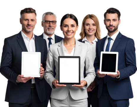 Confident Business Team Holding Tablets on Transparent Background.
