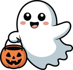 Cute cartoon ghost holding pumpkin bucket, happy Halloween illustration, spooky holiday vector design, festive trick or treat character art