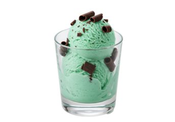 Isolated Mint Chocolate Chip Ice Cream in Glass—refreshing treat, yummy dessert topping