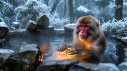 Naklejka premium Snow monkey in hot spring at night