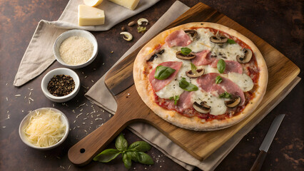 Delicious homemade pizza with fresh ingredients and toppings served on a wooden board with small bowls of condiments