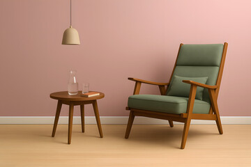 Modern Living Room with Wooden Armchair, Green Cushion, and Minimalist Side Table