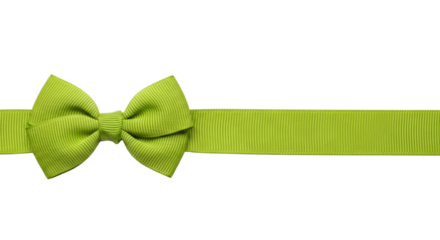 Bright lime green grosgrain ribbon with vertical ribbed texture tied into a neat bow on the left, extending horizontally on a transparent background, ample copy space. Concept for elegant gifting
