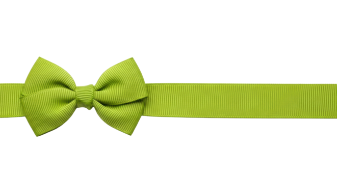 Bright lime green grosgrain ribbon with vertical ribbed texture tied into a neat bow on the left, extending horizontally on a transparent background, ample copy space. Concept for elegant gifting