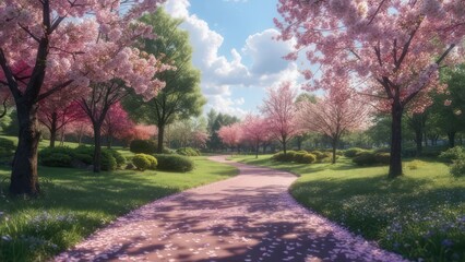 Naklejka premium Spring park path with cherry blossoms