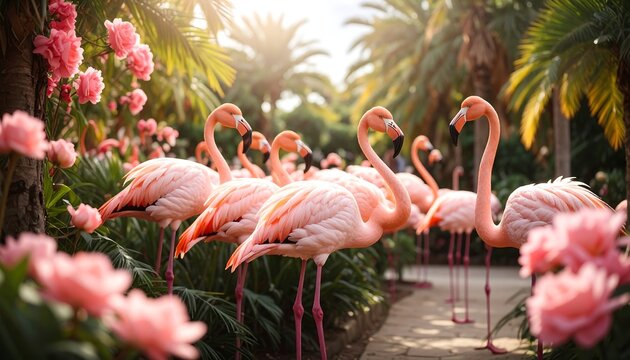 Pink flamingos in a garden